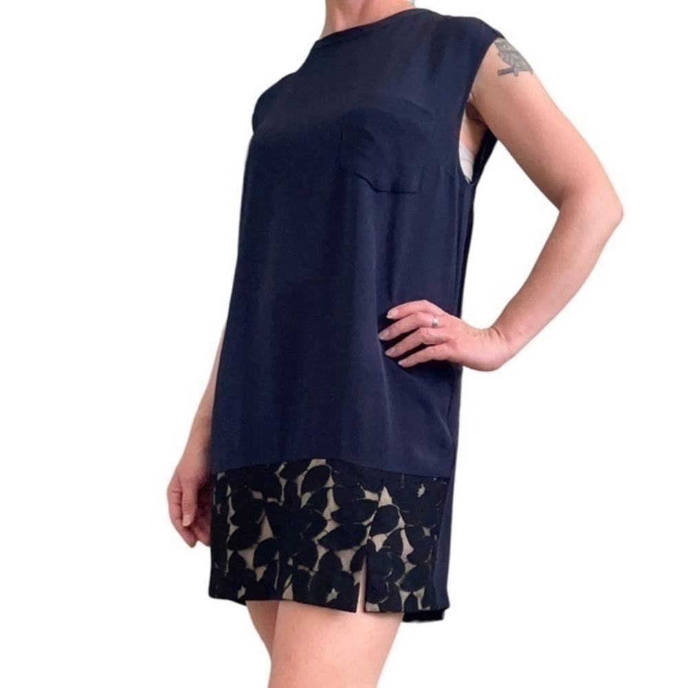 3.1 Phillip Lim Navy Blue Silk Black Floral Lace Trim Shift Mini Dress